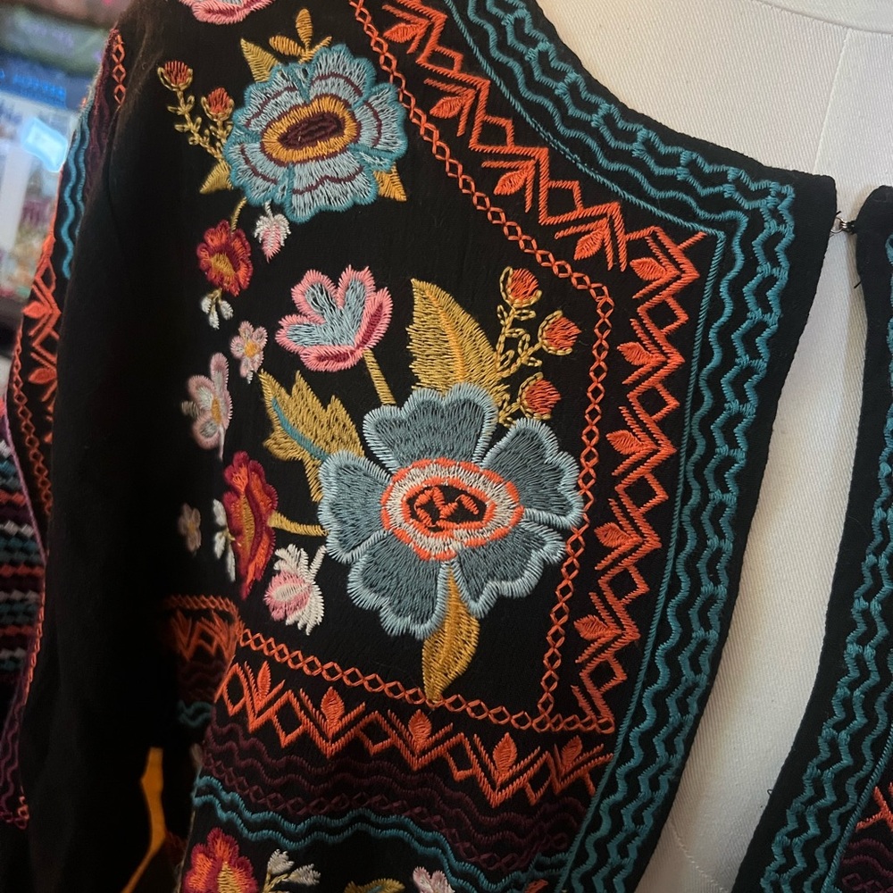 Vibrant Floral Embroidered Black Tunic